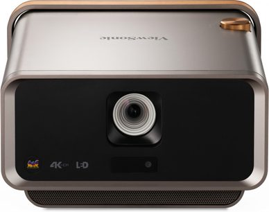 ViewSonic X11-4K kompakt videoprojektor i grå og guld, 4 HDMI-porte, USB-port, på vippebart stativ