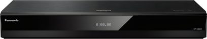 Leitor de Blu-ray 4K Panasonic DP-UB820 preto, vista frontal, exibição digital "0:00.00" na tela integrada