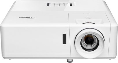 Optoma HZ40 hvid videoprojektor, set forfra, decentreret linse, knapper på toppen, sidegittere til ventilation