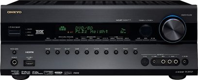 Onkyo TX-SR707 musta kotiteatterivahvistin, etunäkymä, vihreä näyttö jossa lukee "DVD/BD PLDz Height", painikkeet ja liitännät