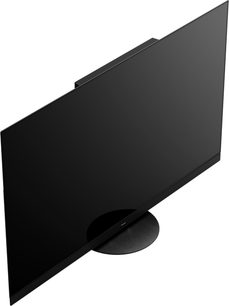 Panasonic TX-65HZ1500E fladskærms-tv, sort, set fra siden, på sort rundt stativ, med skrå underkant