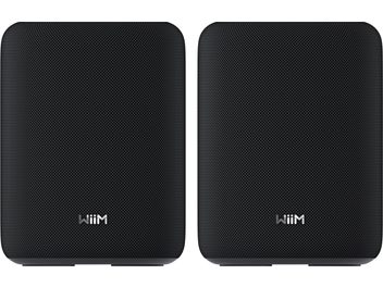 Colunas inteligentes WiiM Sound Lite pretas, conjunto de duas, painel frontal, grelha de tecido fina e logótipo discreto