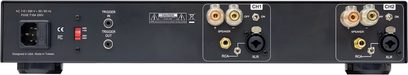 Zadní strana multikanálového zesilovače Nuprime Fusion-2X, černé kovové šasi, zásuvka IEC, trigger, vstupy RCA/XLR, reproduktorové svorky CH1/CH2