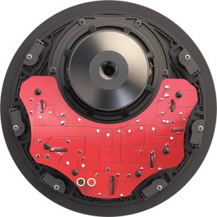 Indbygningshøjttaler til loft Perlisten R2ic, set forfra, sort cirkulær struktur, rødt printkort, metalcenterkegle