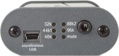 HeadStreamer HRT audio DAC-konverter, mørk grå oval kabinet, USB- og 3,5 mm jackstik, 6 LED'er der angiver bithastighed
