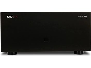 IOTAVX AVXP 4-160 black multichannel power amplifier, minimalist front panel with small central square button, front view