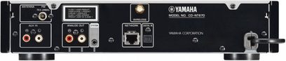 Odtwarzacz CD Yamaha CD-NT670 w kolorze srebrnym z tytanowym wykończeniem, widok z tyłu, złącza audio i sieciowe, zbliżenie na środek