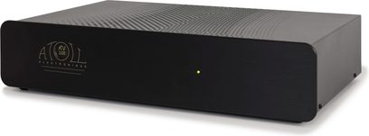 Atoll AV100 galios stiprintuvas juodas, santūrus stačiakampis korpusas, perforuotas grotelės viršuje, baltas logotipas
