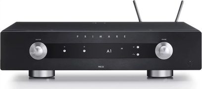 Pré-amplificador estéreo Primare PR35 Prisma preto, vista frontal, frente preta com botões e mostradores prateados, visor LED