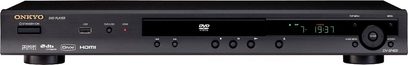 Onkyo DV-SP405, 4K Blu-ray-afspiller, frontvisning, sort front, LED-display, diskskuffe, kontrolknapper, USB- og HDMI-porte