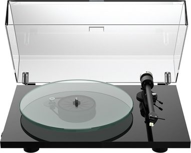 Giradischi hi-fi Pro-Ject T2 con piatto in vetro trasparente, braccio di lettura nero, base nero lucido e coperchio aperto trasparente