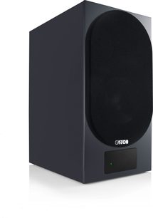Černý lesklý aktivní reproduktor Canton Smart GLE 3 S2, obdélníková skříň s čelní mřížkou a zelenou LED kontrolkou