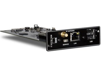 Vorderansicht der NAD MDC DD-BLUOS2i Erweiterungskarte, USB- und LAN-Anschlüsse, Display, Bedienelemente