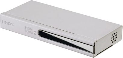 Lindy HDMI 1 til 2 fordeler, kompakt lysegråt metalkabinet, 1 HDMI-port på forsiden, set ovenfra