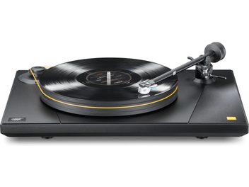 Tocadiscos de vinilo Mofi Electronics UltraDeck + M negra con brazo de lectura recto y ribete naranja en el plato
