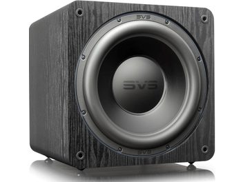 SVS SB-2000 Pro Subwoofer in schwarzer Asche, Nahaufnahme von vorne, kubische Form, zentraler runder schwarzer Lautsprecher