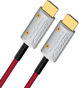 Zwei HDMI-Glasfaserkabel Wireworld Starlight 48 5m metallgrau, vergoldete Stecker, parallel auf weißem Hintergrund