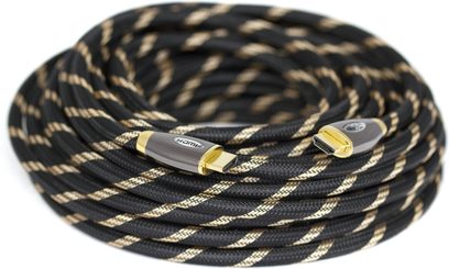 Sort og gylden Optimal HDMI 15m spiral-oprullet kabel fra HCS med synlige stik i enderne