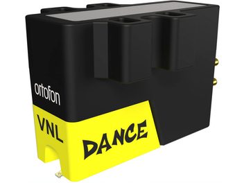 Cápsula Ortofon VNL DANCE de plástico negro, frontal amarillo, vista en tres cuartos, dos orificios de fijación, contactos dorados