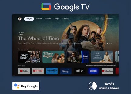 Gränssnitt för Google TV med visning av apparna YouTube, Netflix, Prime Video, Disney+, Apple TV, Max, YouTube Music
