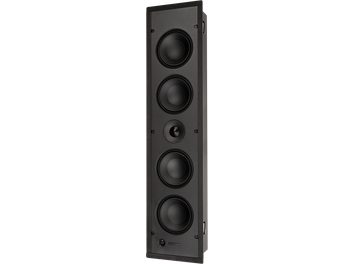 Altavoz empotrable en pared E3 LCR v2, vista frontal, 4 altavoces circulares negros, 1 tweeter central, marco rectangular negro