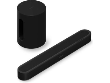 Black Sonos Beam Ultra and Sub Mini pack, soundbar with cylindrical subwoofer, top view