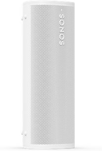 Cassa Bluetooth Sonos Roam 2 bianca, vista frontale, griglia perforata bianca, logo Sonos verticale, pulsanti laterali