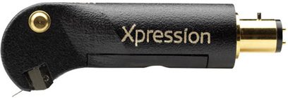 Ortofon MC XPRESSION pladespiller pickup, set fra siden, sort krop, gylden "Xpression" inskription, gylden stik