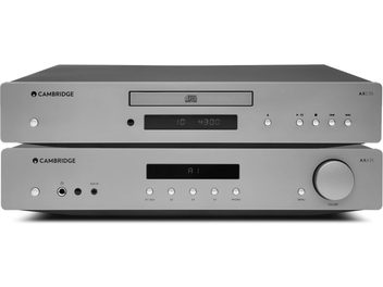 Ampli hi-fi stéréo Cambridge Audio AX-A35 et lecteur CD AX-C35 argent, vus de face, empilés