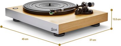 Giradischi hi-fi Roberts Stylus Luxe visto in prospettiva frontale destra, base rettangolare in legno chiaro con frontale in alluminio spazzolato, piatto circolare nero in gomma con solchi concentrici, braccio di lettura metallico argentato e piedi ammortizzanti neri
