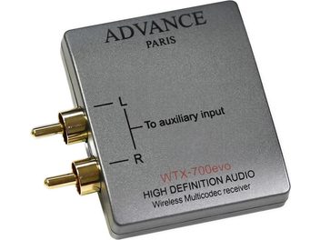 Bezprzewodowy nadajnik audio Advance Paris WTX-700evo, obudowa w kolorze matowej szarości, oznaczenia techniczne, widok z przodu