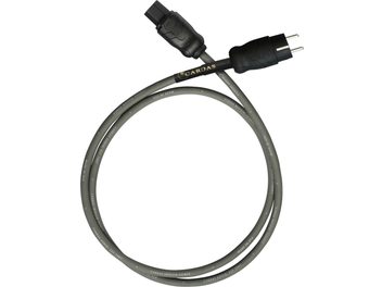 Kabel zasilający Cardas Iridium Power 2m, widok z góry, czarne złącza, szary kabel, biały tekst