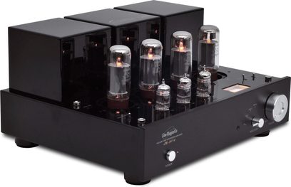 Підсилювач Hi-Fi на лампах Line Magnetic LM-34IA чорного кольору, вид спереду, 6 видимих ламп, 3 поворотні кнопки, роз'єми ззаду