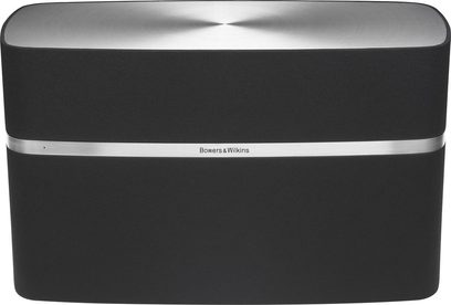 Trådløs, tilsluttet højttaler fra Bowers & Wilkins A7, set forfra, afrundet rektangulær form, sort og grå metallic farve