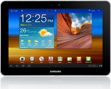 Samsung Galaxy Tab 7510 tablet viser startskærm med vejr, apps og billede af rød-orange kløft