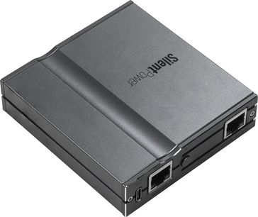 iFi Audio LAN iPurifier Pro strømkonditionerer, perspektivvisning, gråt rektangulært kabinet, 2 Ethernet-porte, 1 USB-C port