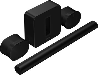 Sonos soundbar pakke med Arc, 2 Era 300 højttalere, Sub (Gen 3) subwoofer i sort, opstillet på hvid baggrund
