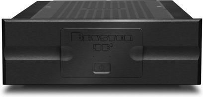 Ενισχυτής ισχύος υψηλής πιστότητας Bryston 4B³, εμπρόσθια όψη, ορθογώνια μαύρη θήκη, κεντρικό κουμπί ενεργοποίησης