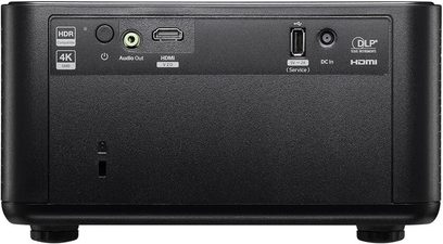 Videoproiettore Optoma Photon Life PK31 nero in plastica, vista posteriore con HDMI, porta USB di servizio, uscita audio da 3,5 mm e ingresso DC