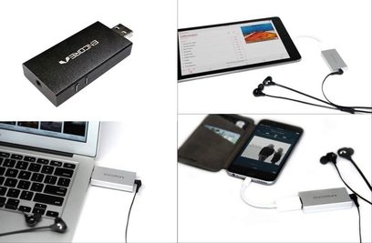 Sort Encore mDSD audio DAC-konverter, set forfra, oven fra, fra siden og skærmbillede, med kabler og bærbar computer