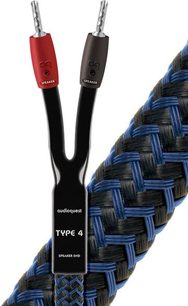 Audioquest Type 4 flettet blå lydkabel med røde og sorte bananstik i enderne, nærbillede