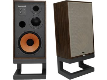 Bogreolhøjttaler Taga Harmony Nostalgic TH-12 valnød, for- og sidevisning, beige gitter, sort sokkel, 4 højttalere