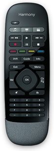 Black Logitech Harmony universal remote control, front view, with LCD screen, multicolored buttons, and numeric keypad