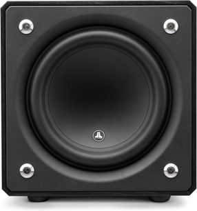 JL Audio E-Sub e110 baskabin i sortbejdset eg, frontvisning, kubisk form, mørk træfinish, central rund sort højttaler