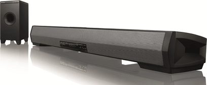 Pioneer SBX-N700 sort soundbar set forfra, rektangulær subwoofer, metalgitter, LED-display