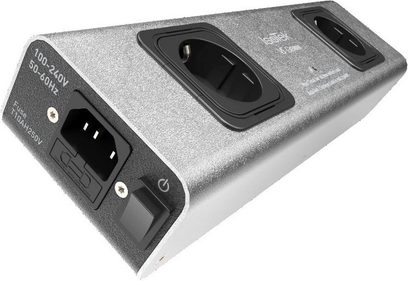 V5 GEMINI, silver power strip, 2 outlets, 1 switch, 1 power socket, 1 fuse, perspective view