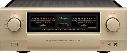 Amplificator hi-fi integrat stereo E-4000, vedere frontală, finisaj auriu, 2 butoane circulare mari, 2 vu-metre, ecran central