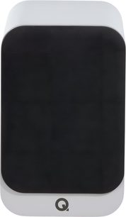 Q Acoustics 3020c bookshelf speaker front view, white cabinet with rounded corners and matte finish, featuring a large black fabric front grille and a centered Q logo at the bottom
