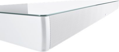 Soundbar Canton Smart Sounddeck 100 bianco opaco con frontale a griglia metallica e piano in vetro vista angolata