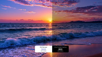 Sammenligning af lysstyrke for Elfin Flip Laser, solnedgang på strand i delt skærm, 1600 mod 850 ISO-lumen